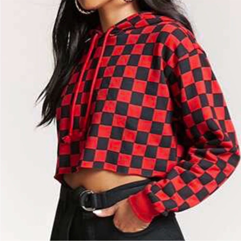 Cropped Checkered Red and Black Hoodie
